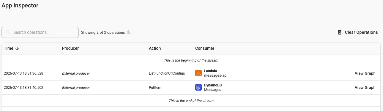 App Inspector event list showing a request flow across services